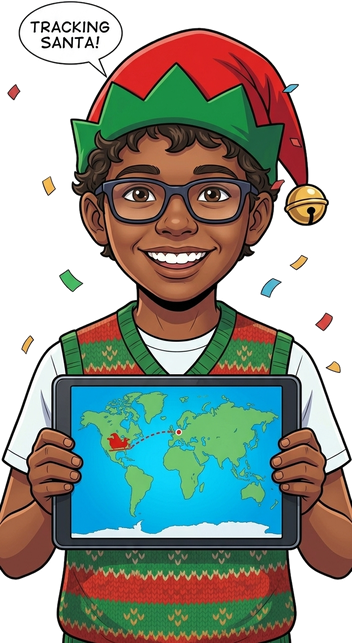 A cartoon of Alaric wearing an elf hat and holding a tablet showing the Santa tracker.